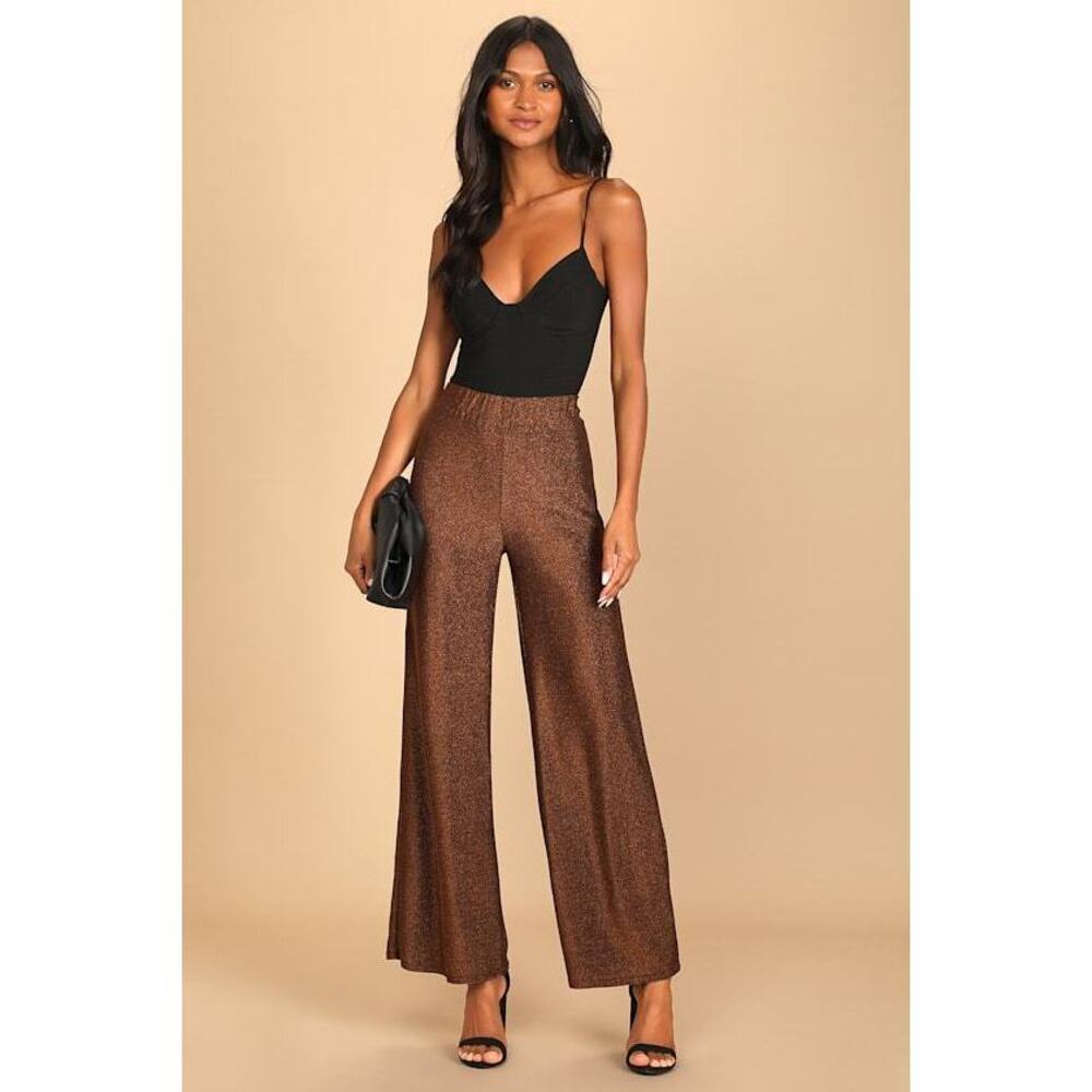Lulus Follow The Festivities Copper Wide-leg High-waisted Pants Gold - Size L